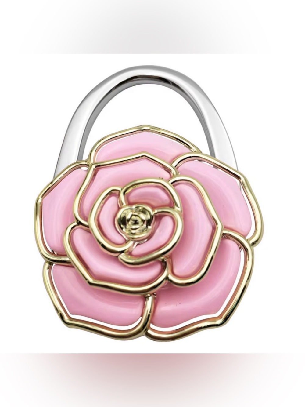 Portable Pink Rose Enamel Bag Hook & Charm with Gold Trim